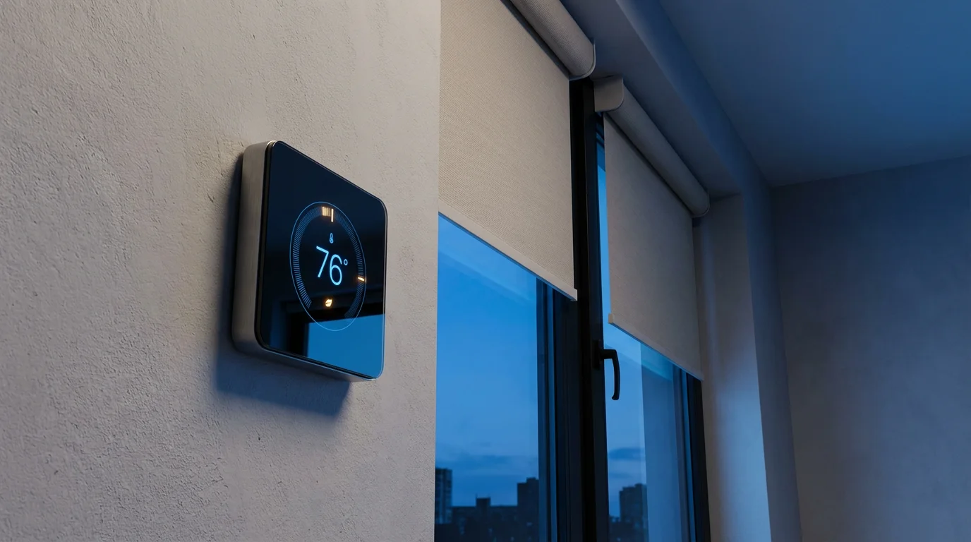Low angle shot of a smart thermostat and automated window blinds during blue hour.