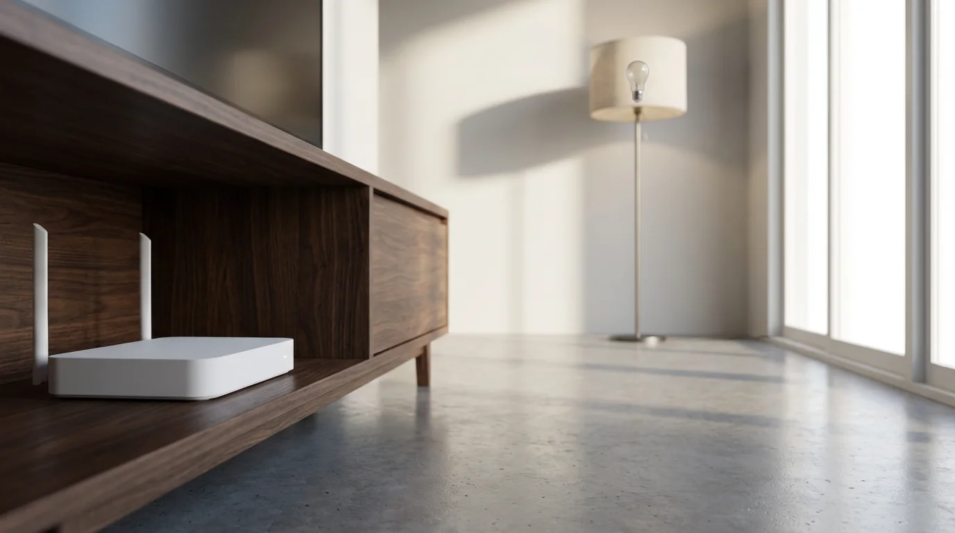 Low angle shot of a WiFi router on a shelf with a distant, unlit smart lamp.