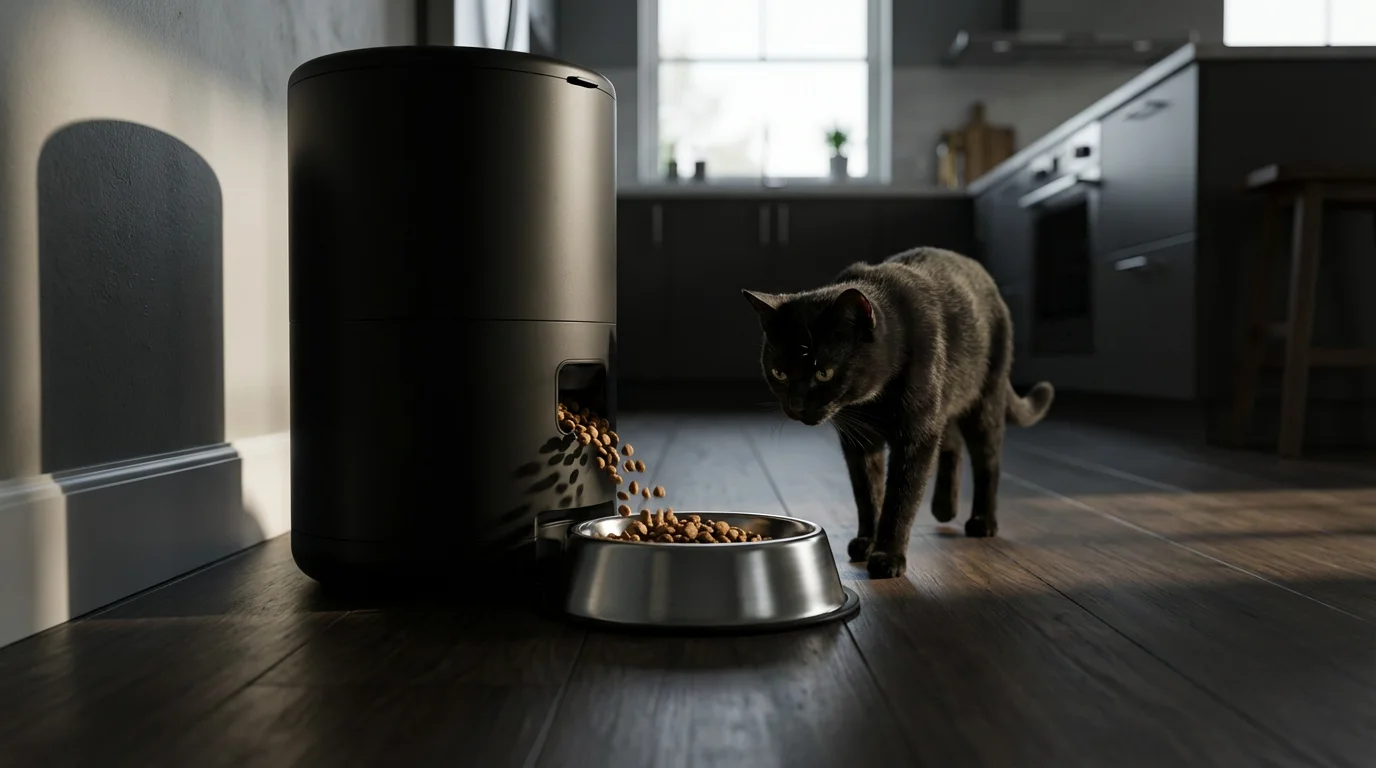 Low angle shot of an automatic pet feeder dispensing food for a waiting cat.