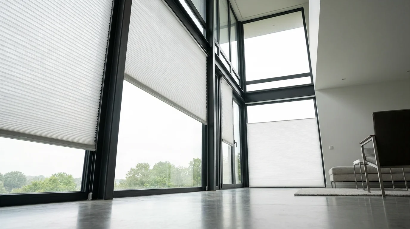 Low angle shot of automated cellular shades on a large window in a modern home.