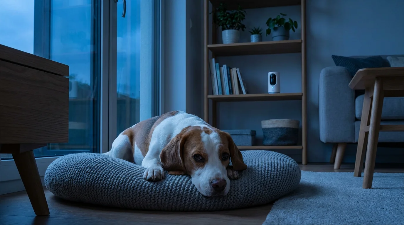 Low angle view of a beagle resting while a pet camera monitors the room.