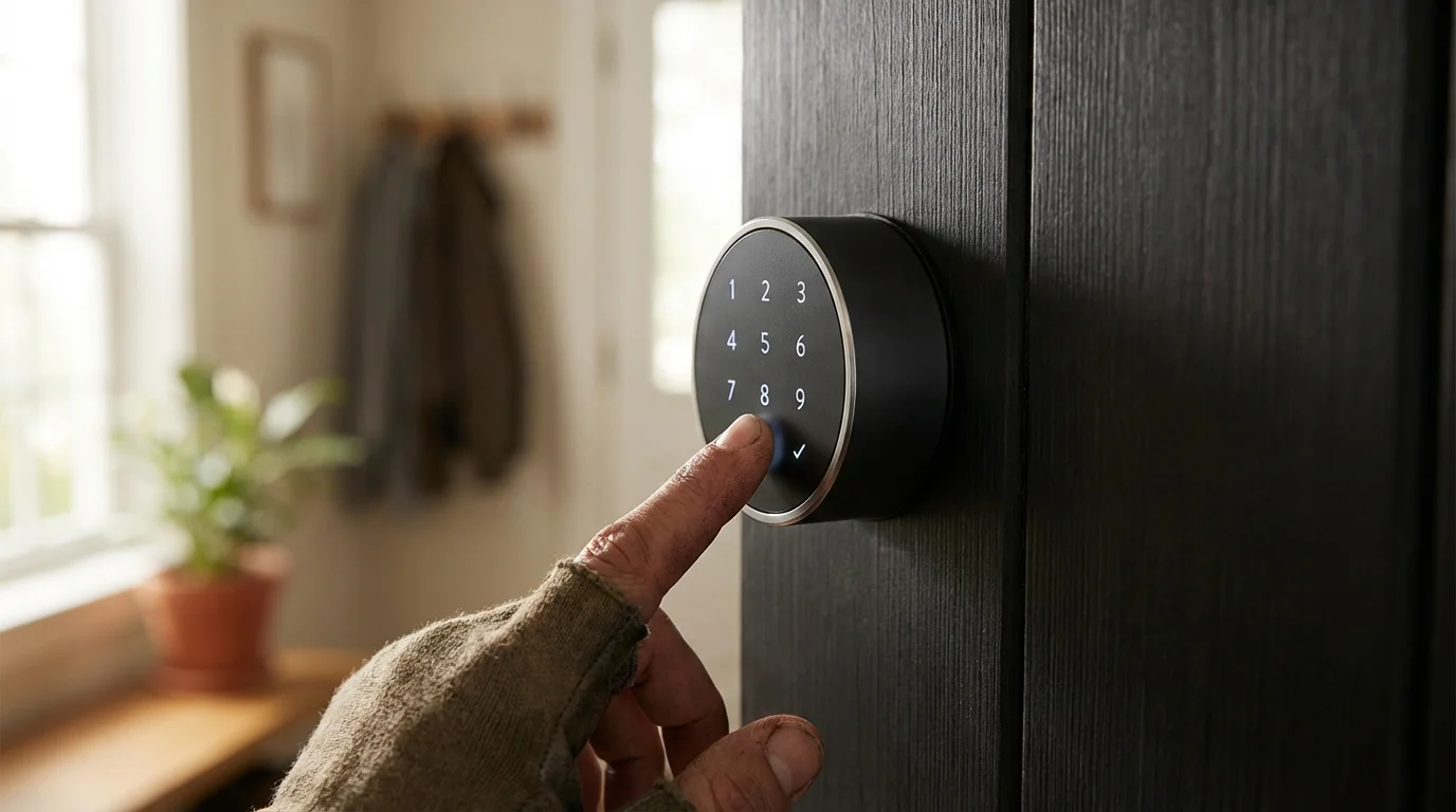 Low angle view of a hand entering a code on a modern smart lock.