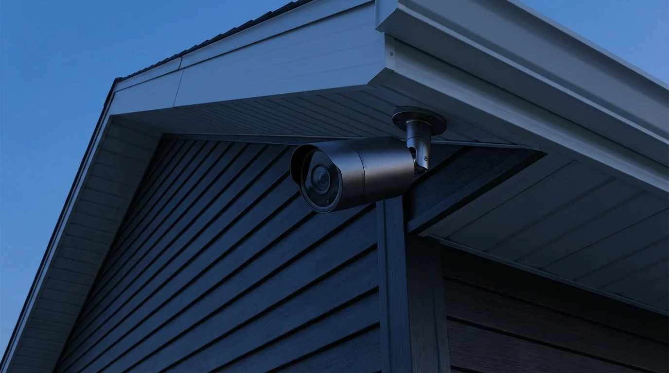 Low angle view of a modern bullet-style security camera mounted on a house at dusk.