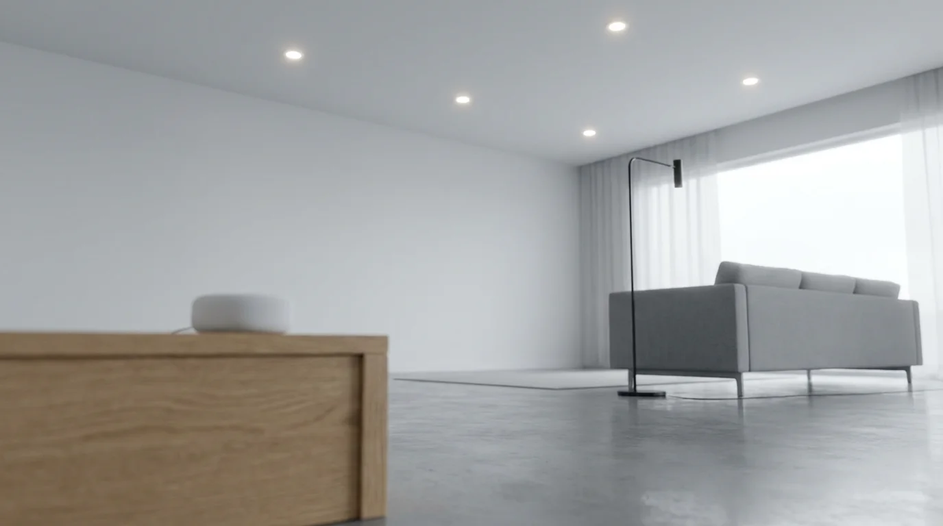 Low angle view of a modern living room with a smart speaker and smart lighting.