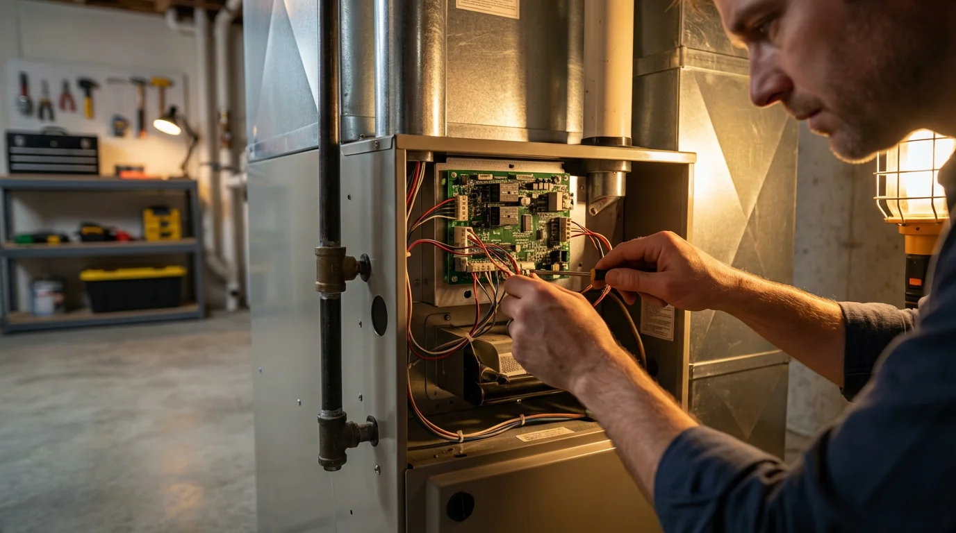Low angle view of a person inspecting the wiring inside an HVAC furnace unit.