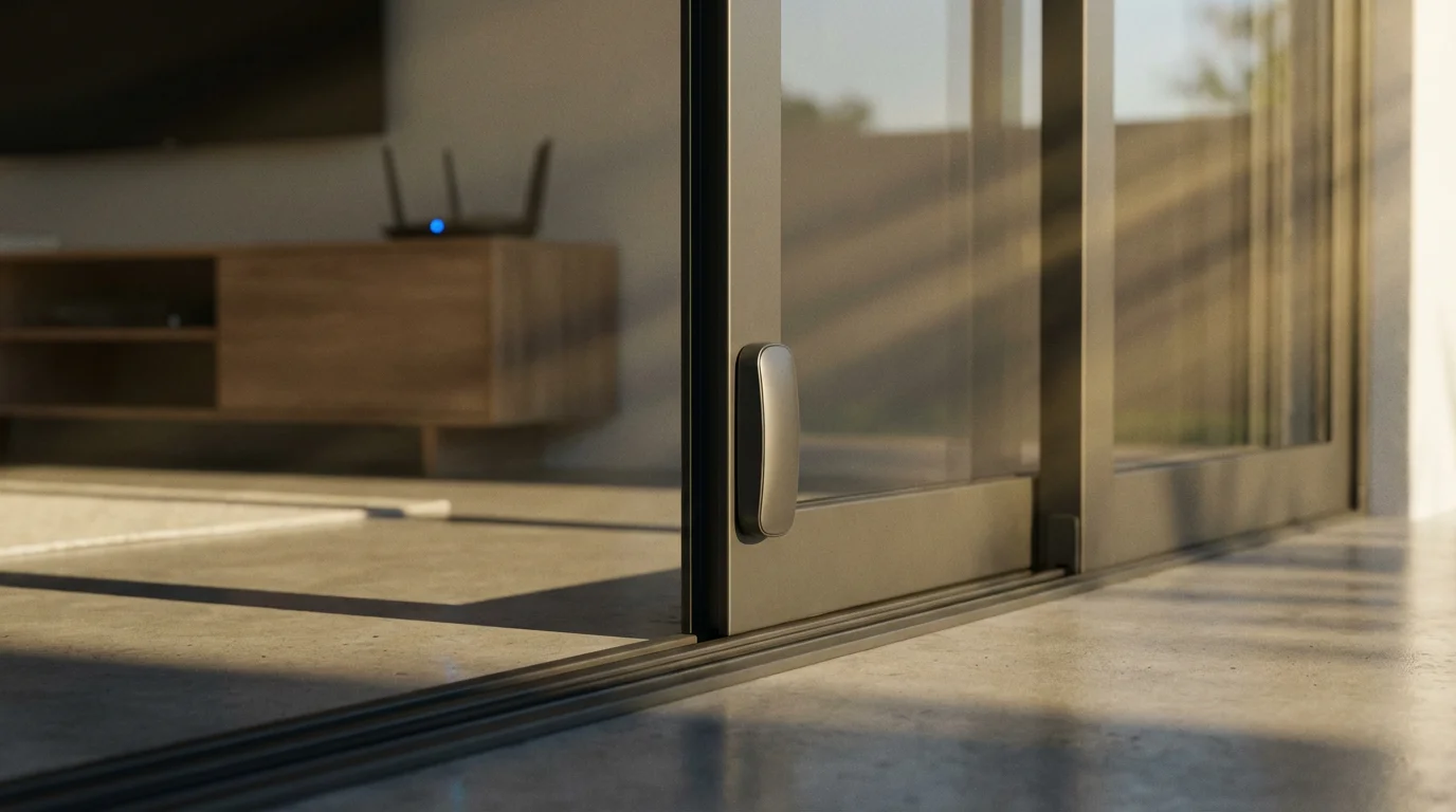 Low angle view of a smart door sensor with long afternoon shadows in a modern home.