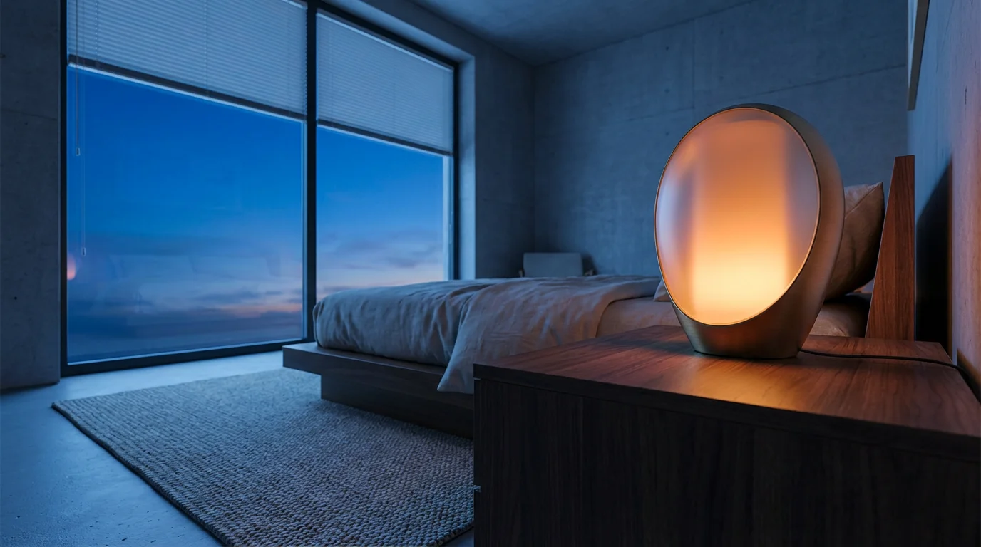 Low angle view of a smart lamp glowing warmly on a nightstand during blue hour.