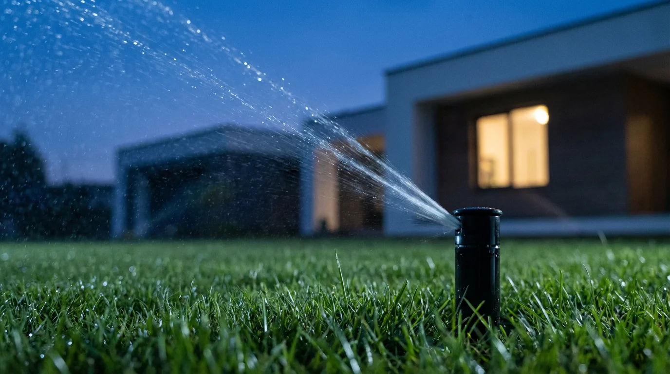Low angle view of a smart sprinkler watering a green lawn during blue hour.