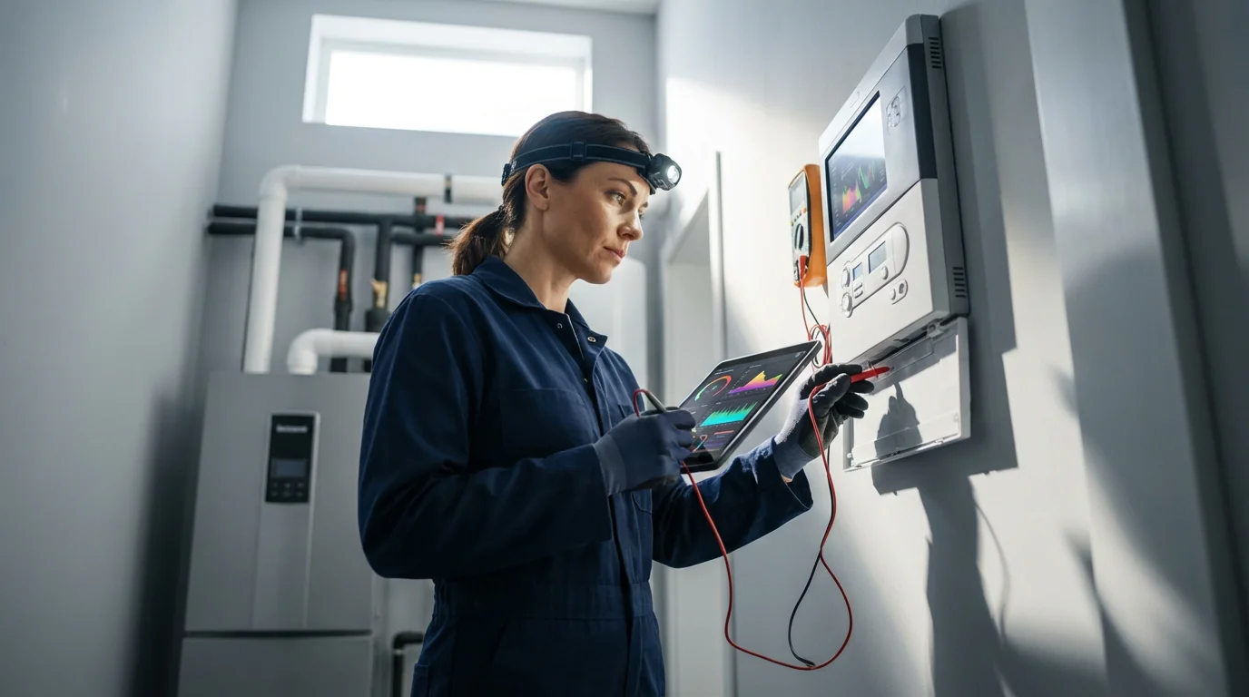 Low angle view of a technician servicing a smart home HVAC control panel.