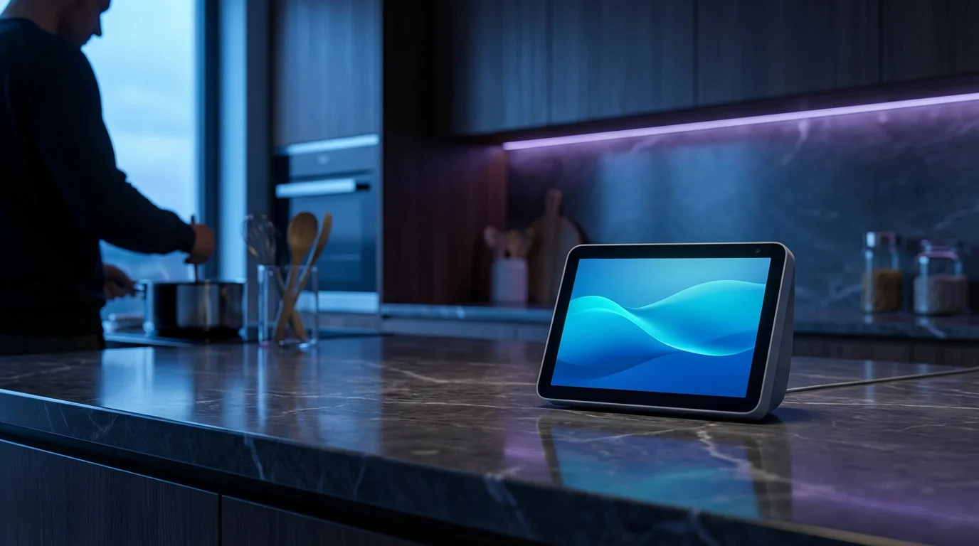 Low angle view of an Amazon Echo Show on a modern kitchen counter at dusk.