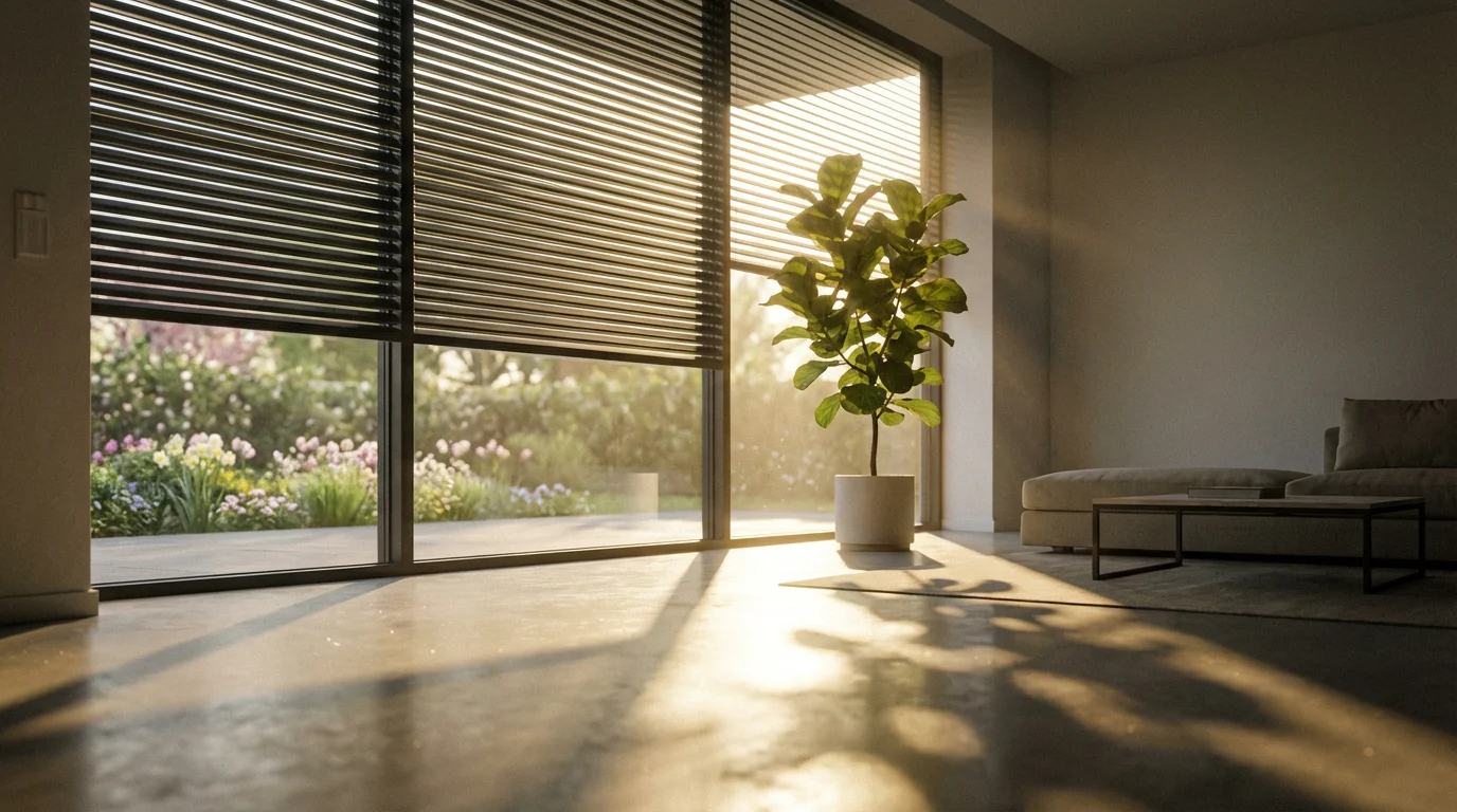 Low angle view of automated smart blinds in a sunlit living room with shadows.