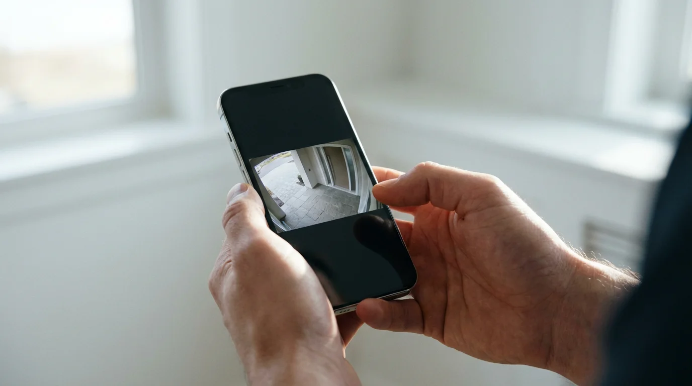 Low angle view of hands holding a smartphone displaying a home security camera feed.