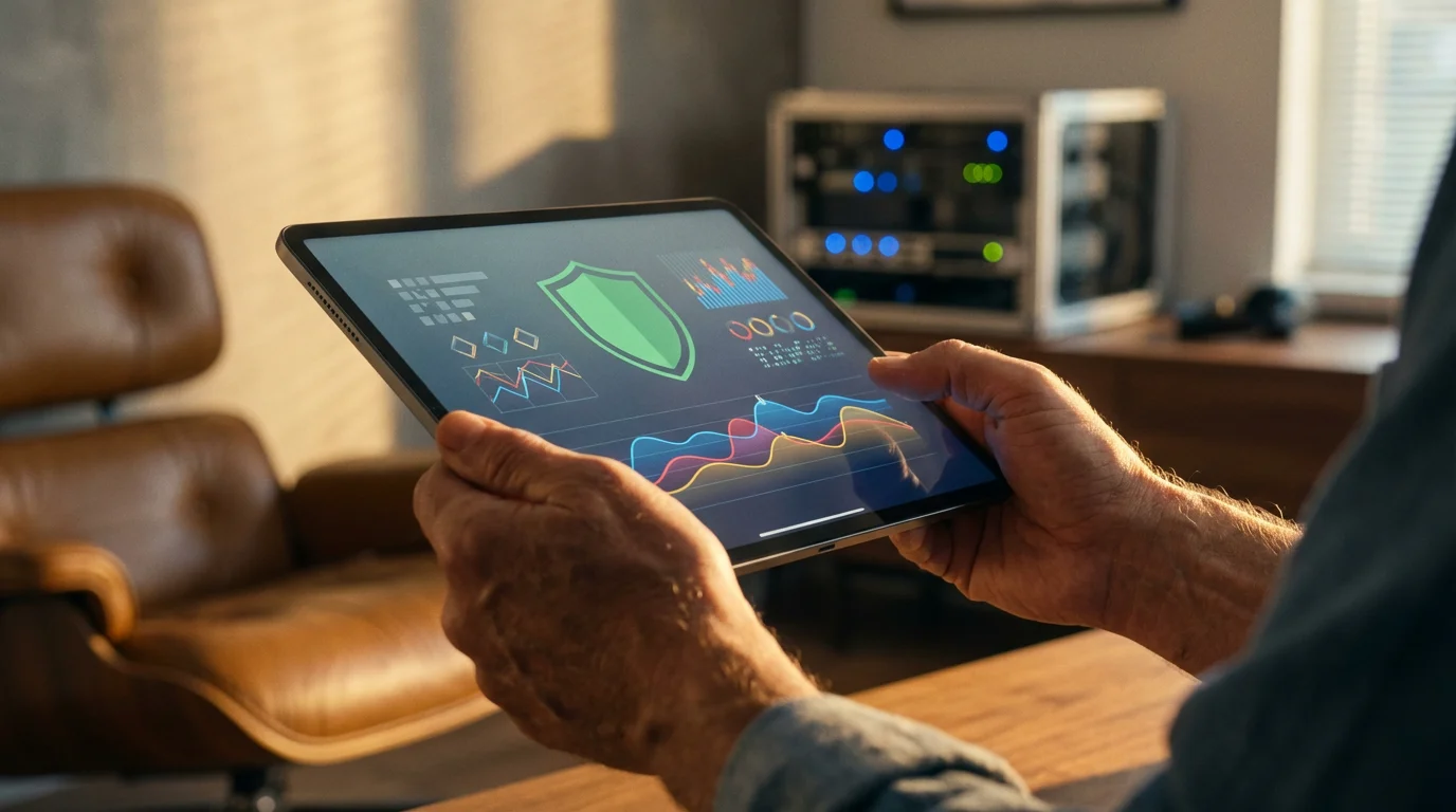 Low angle view of hands holding a tablet showing a security dashboard at sunset.