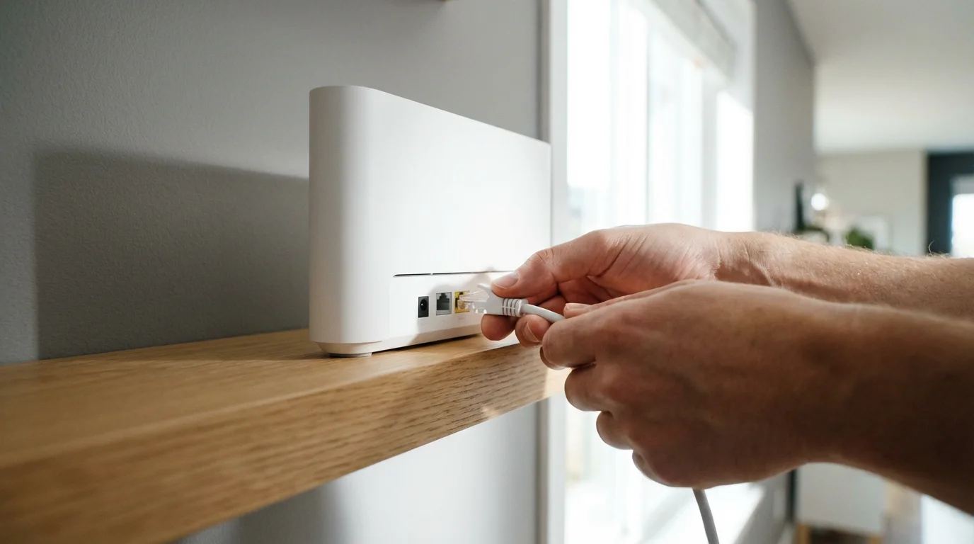 Low angle view of hands plugging an ethernet cable into a modern Wi-Fi router.
