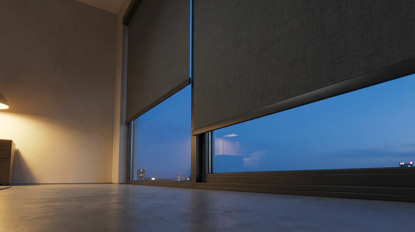 Low angle view of motorized blackout shades closing in a modern bedroom at dusk.