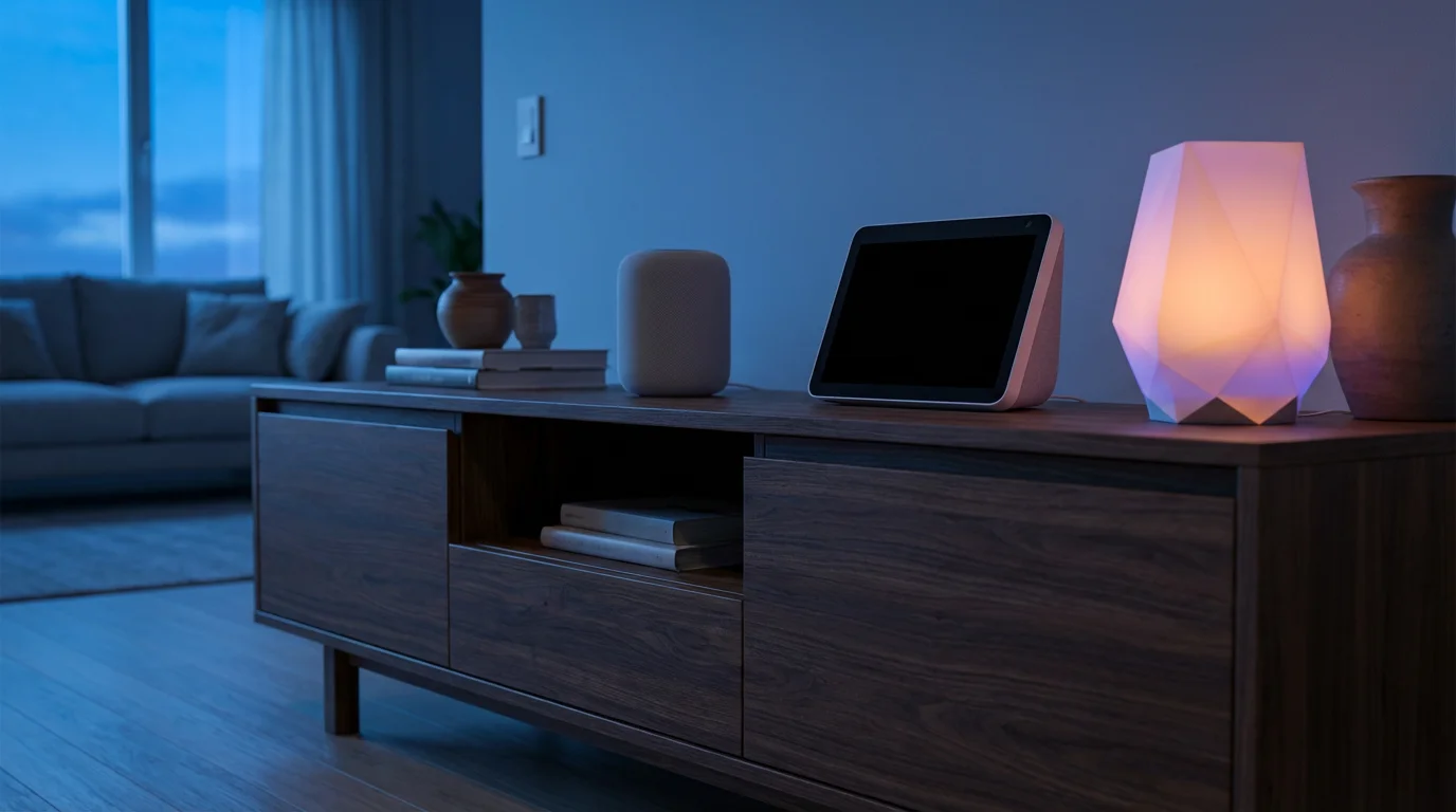 Low angle view of various smart home devices on a media console at dusk.