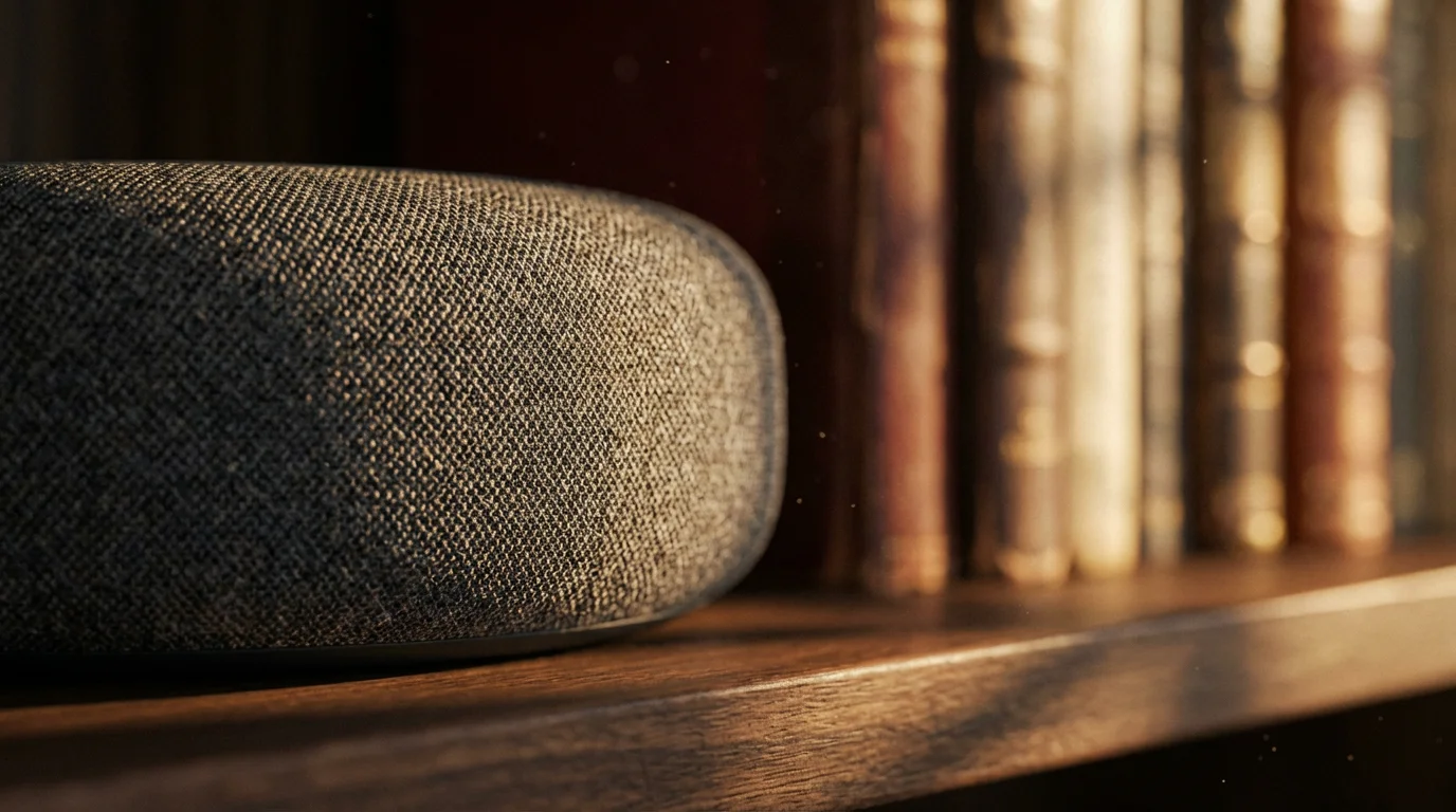 Macro close-up of a fabric smart speaker on a wood shelf during golden hour.