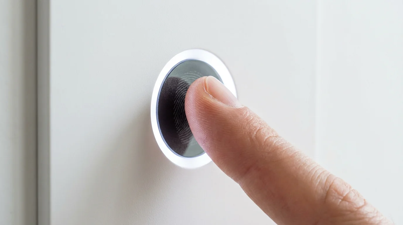 Macro photo of a finger on a biometric scanner, representing smart home privacy.