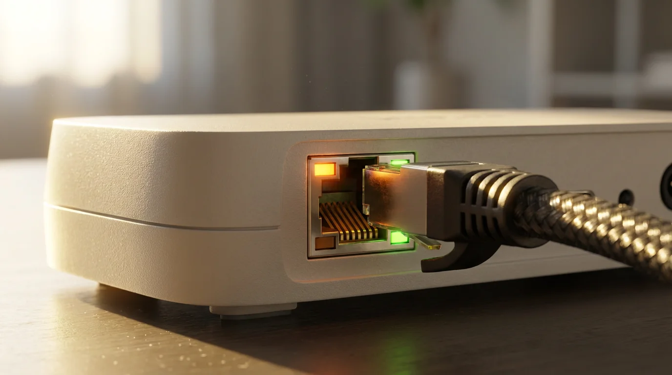 Macro photo of a glowing ethernet port on a Wi-Fi router at golden hour.