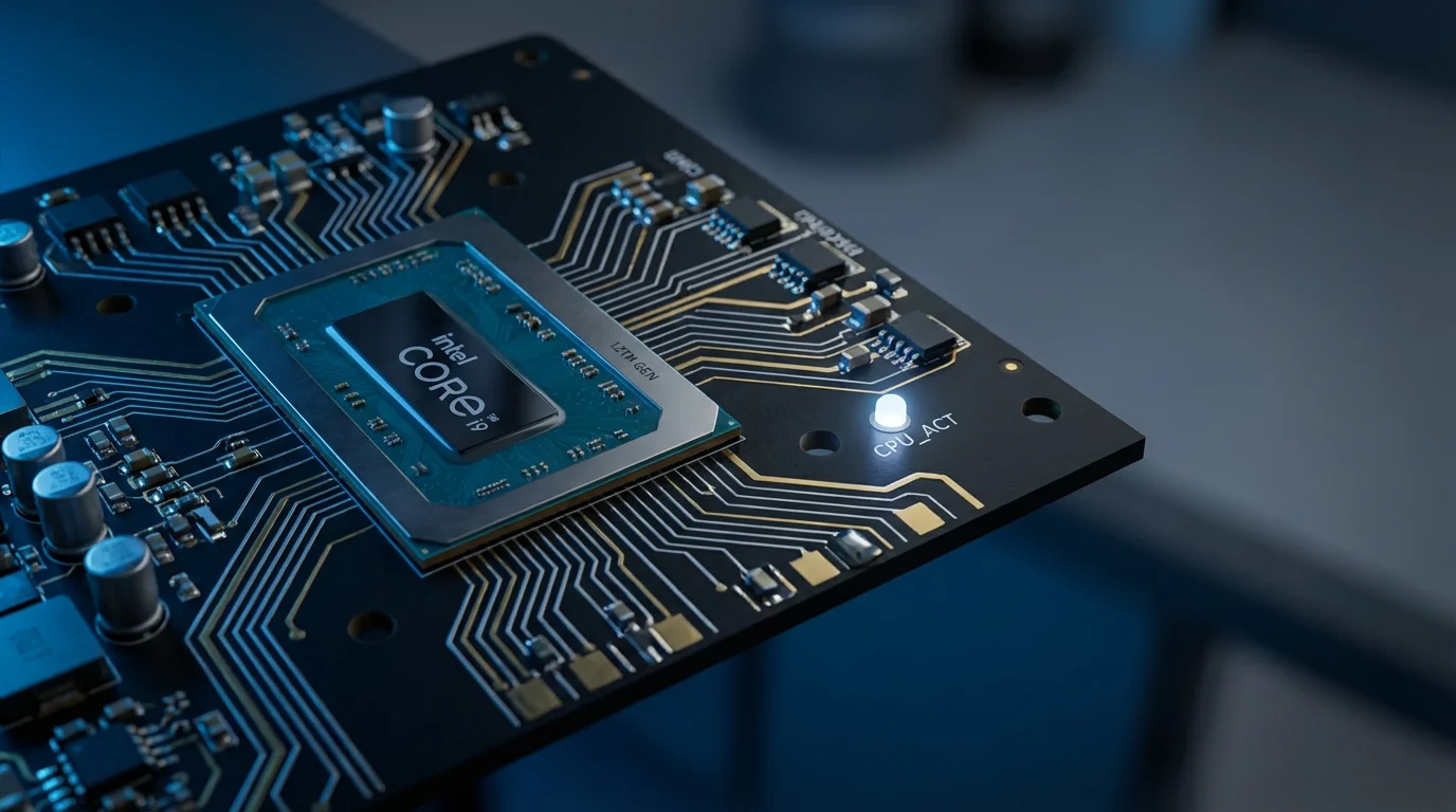 Macro photo of a glowing microchip on a circuit board during blue hour.