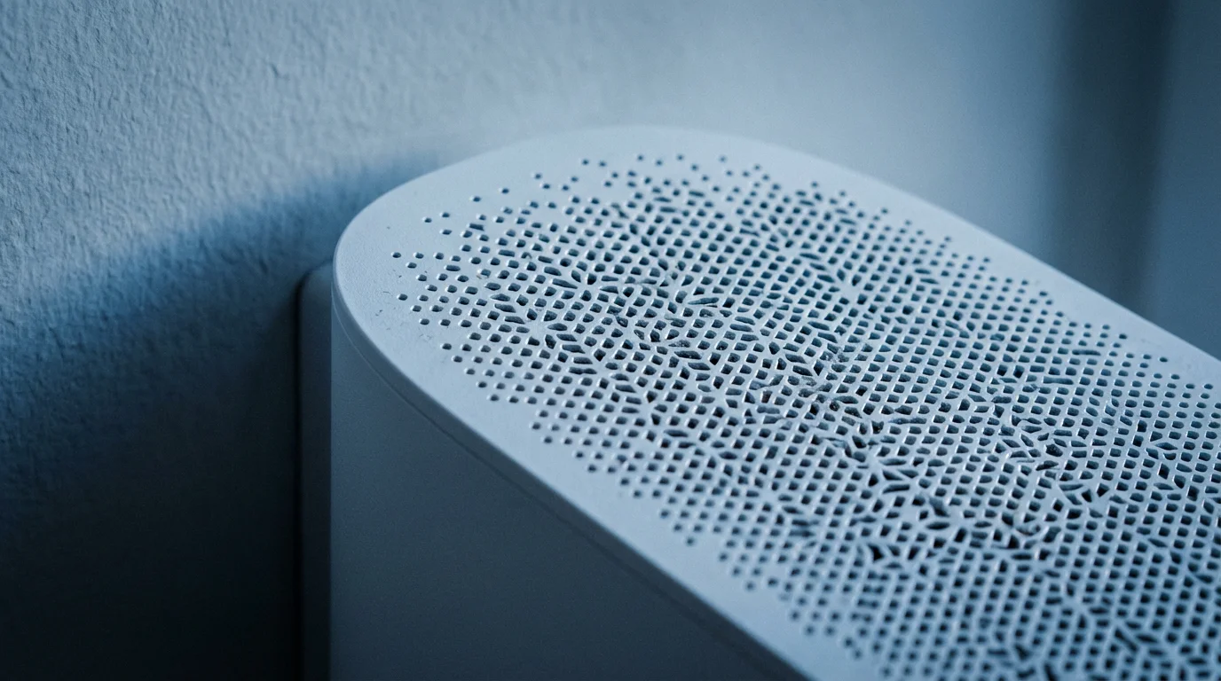 Macro photo of a minimalist smart home humidity sensor vent at twilight.