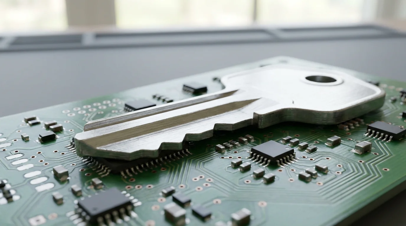 Macro photo of a modern house key resting on a smart security system circuit board.