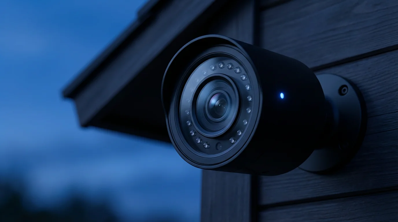 Macro photo of a modern outdoor smart security camera during the blue hour.