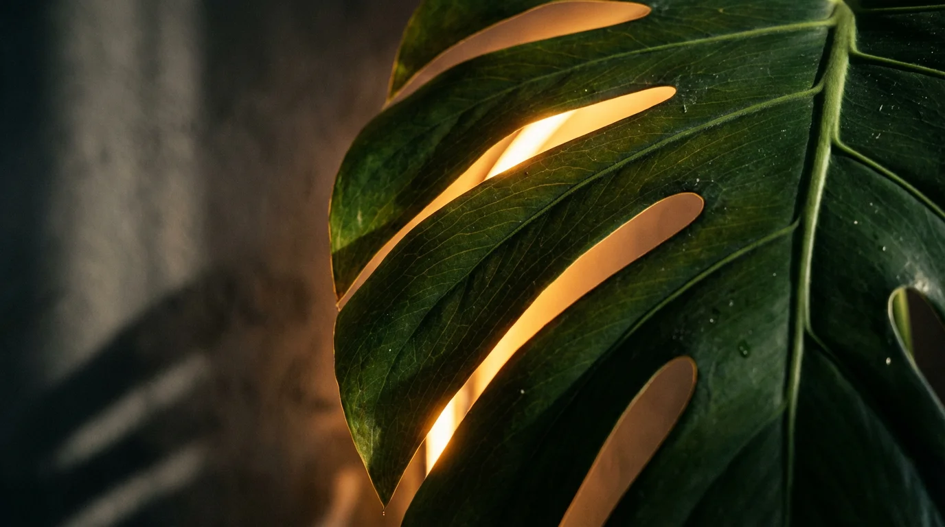 Macro photo of a monstera leaf dramatically backlit by a warm golden smart light.