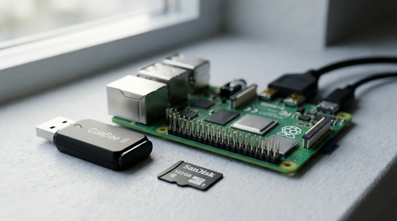 Macro photo of a Raspberry Pi, Zigbee dongle, and SD card for Home Assistant.