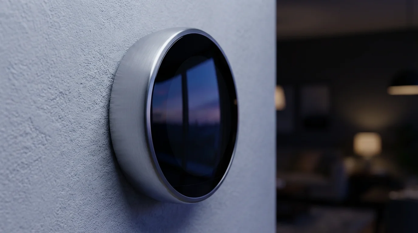 Macro photo of a sleek smart thermostat on a wall reflecting cool evening light.