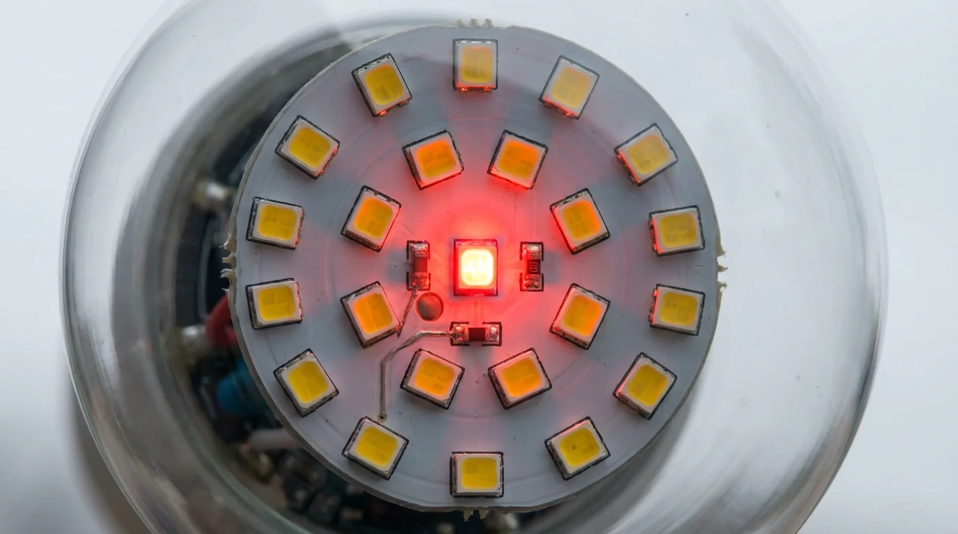 Macro photo of a smart light bulb's internal LEDs glowing red for an emergency.