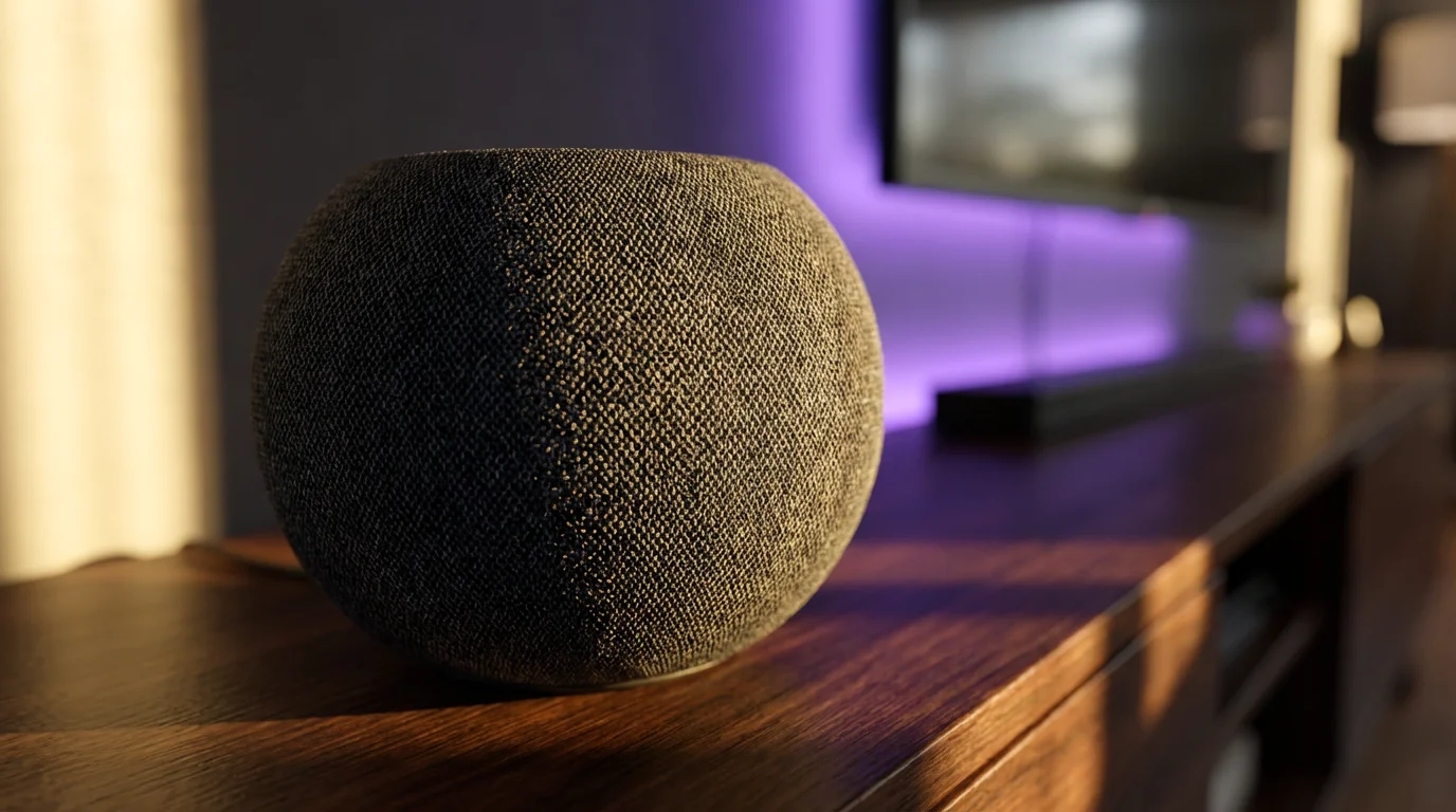 Macro photo of a smart speaker with glowing purple television ambient light behind it.