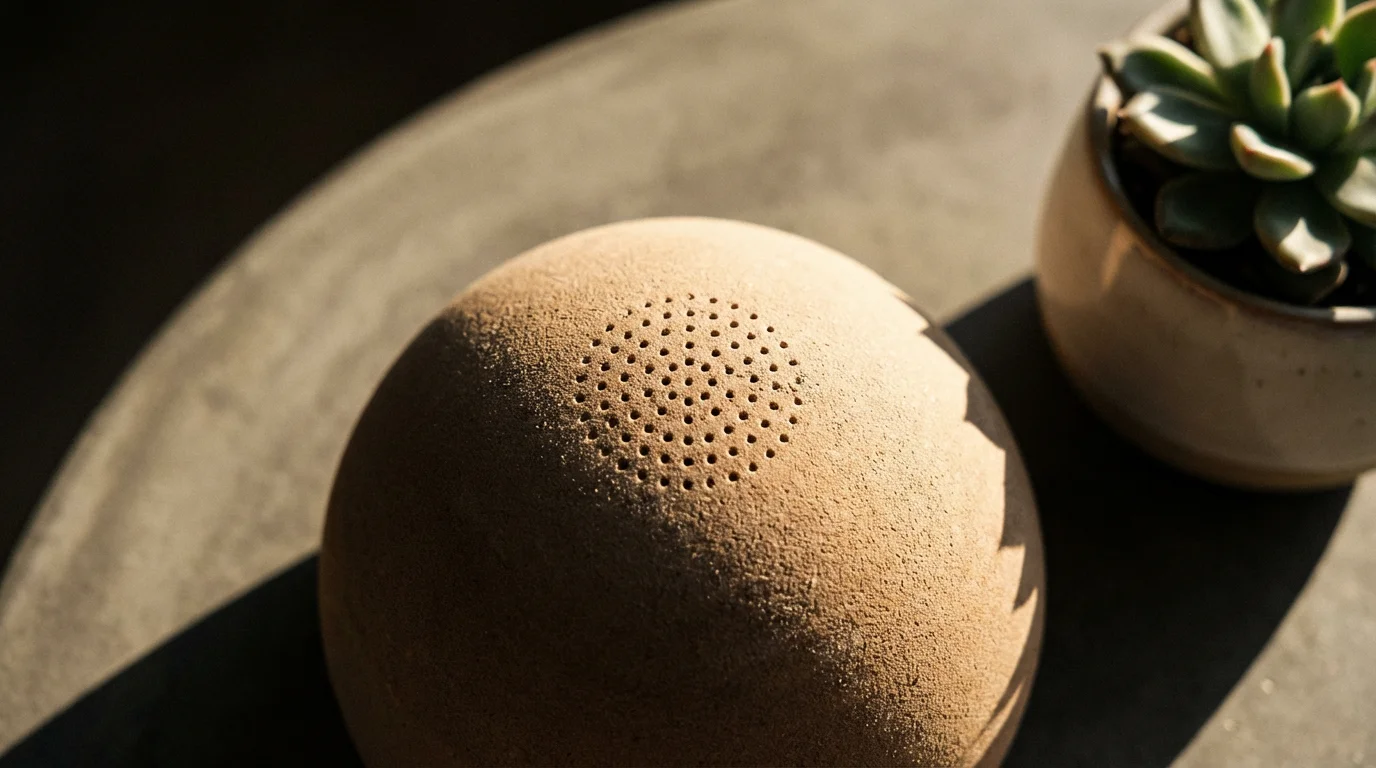 Macro photo of a smart speaker's microphone ports on a concrete table in afternoon shadow.