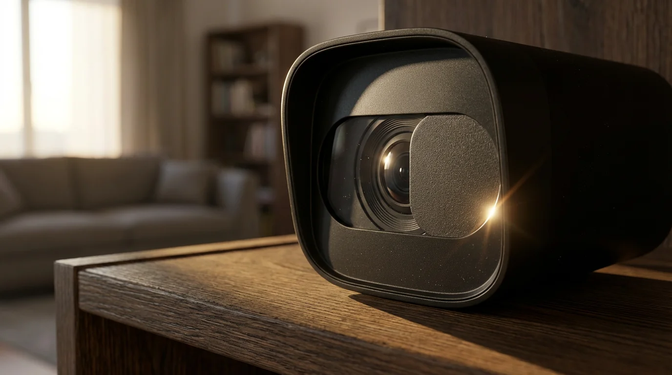 Macro photo of an indoor security camera with its physical privacy shutter partially closed.