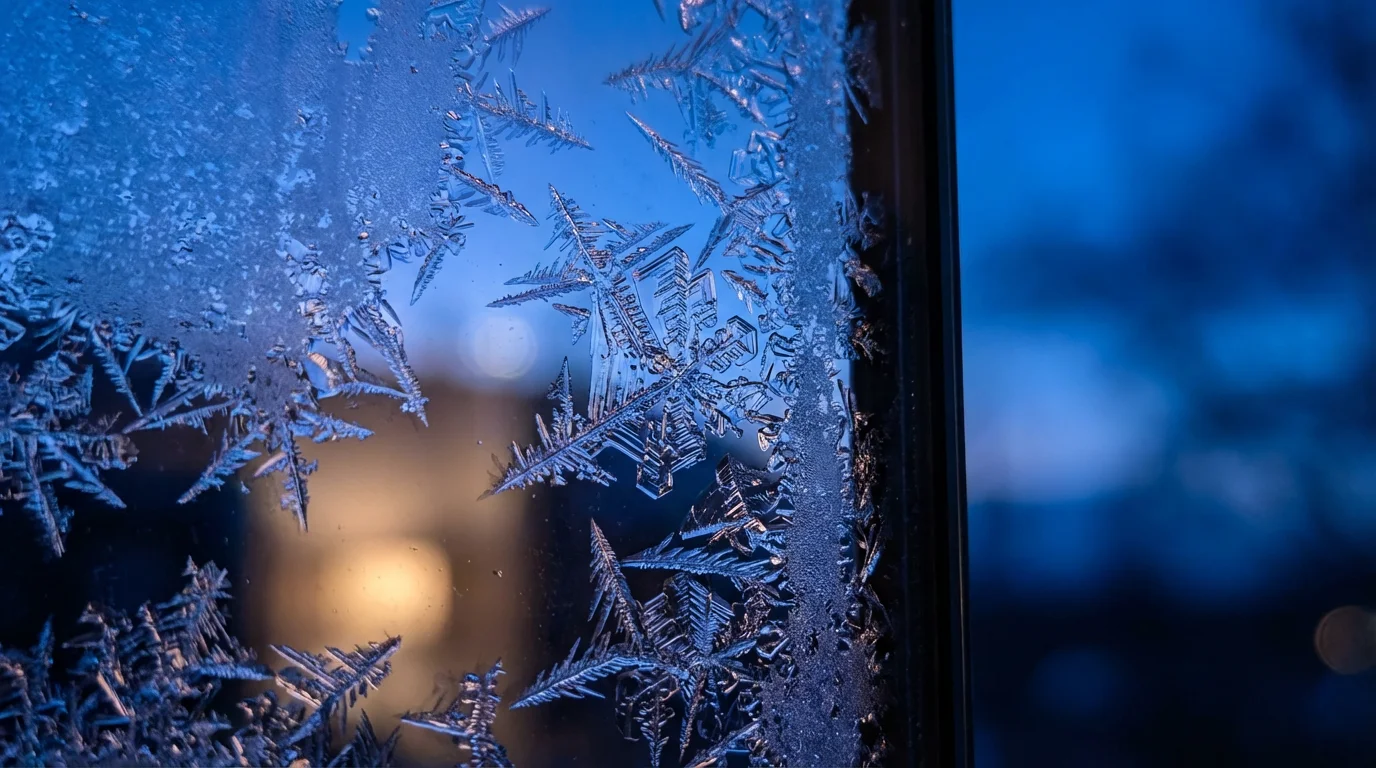 Macro photo of frost crystals forming on a window pane during blue hour.