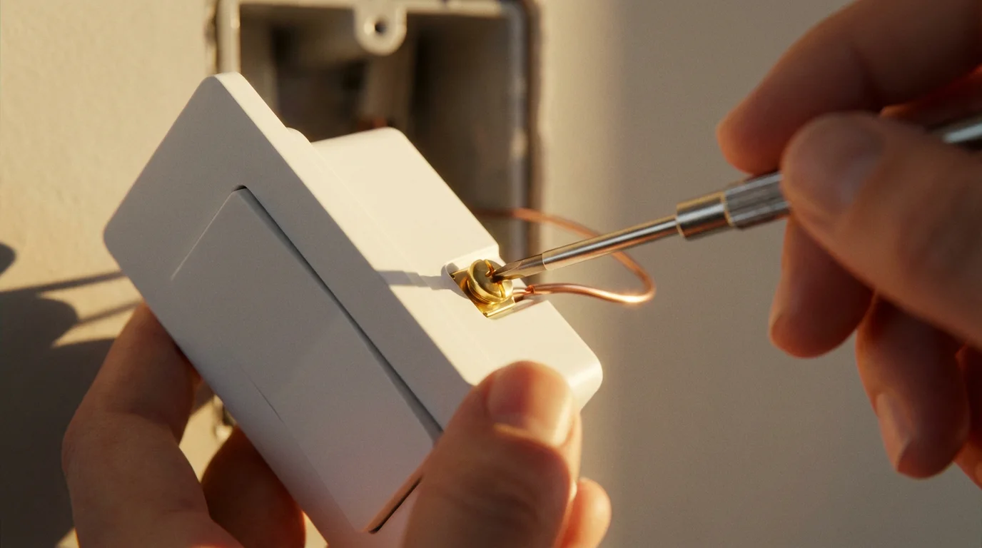 Macro photo of hands wiring the back of a smart light switch during installation.