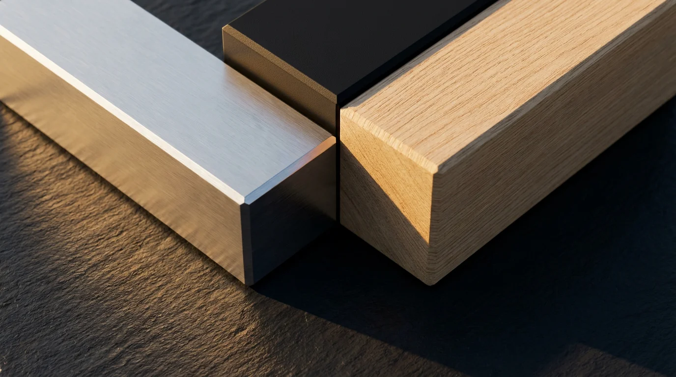 Macro photo of interlocking blocks of metal, plastic, and wood symbolizing smart home unity.