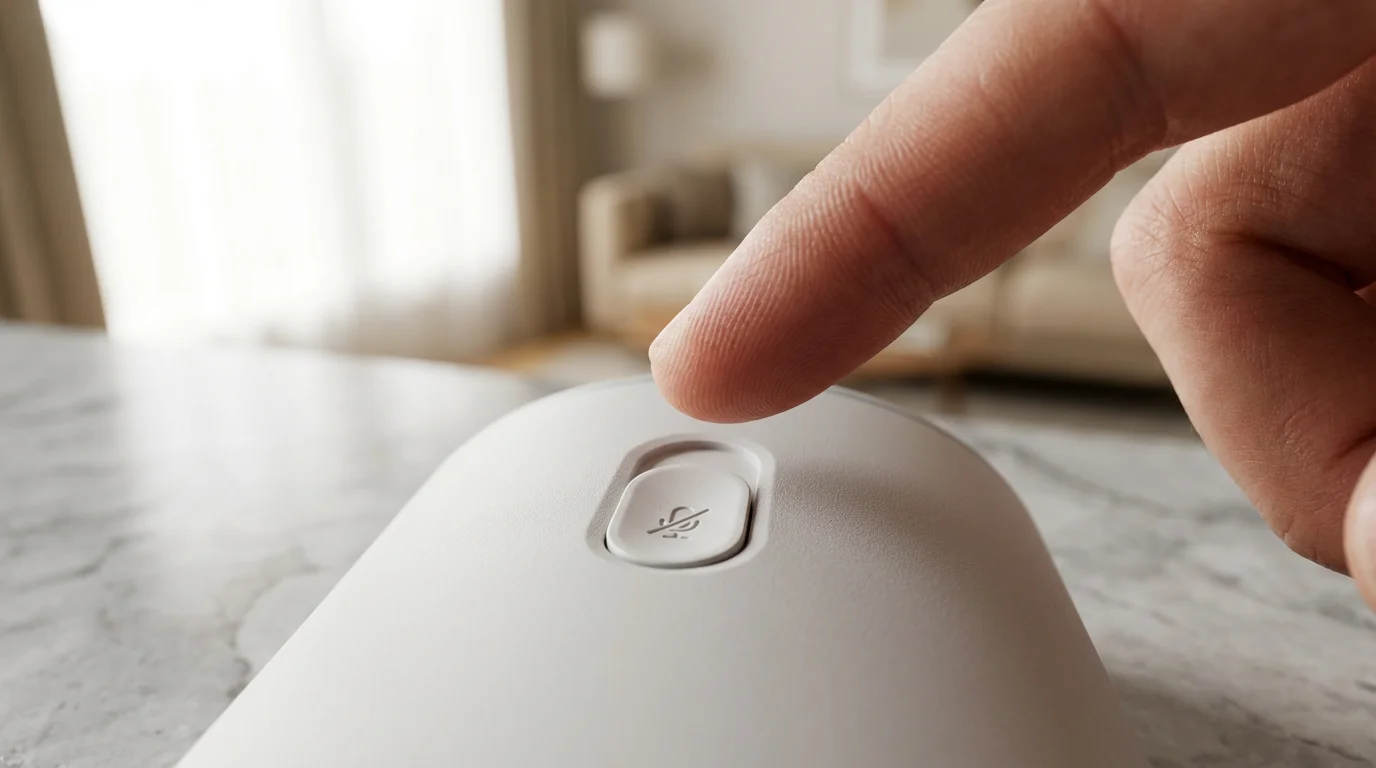 Macro photograph of a finger activating the physical privacy mute switch on a speaker.