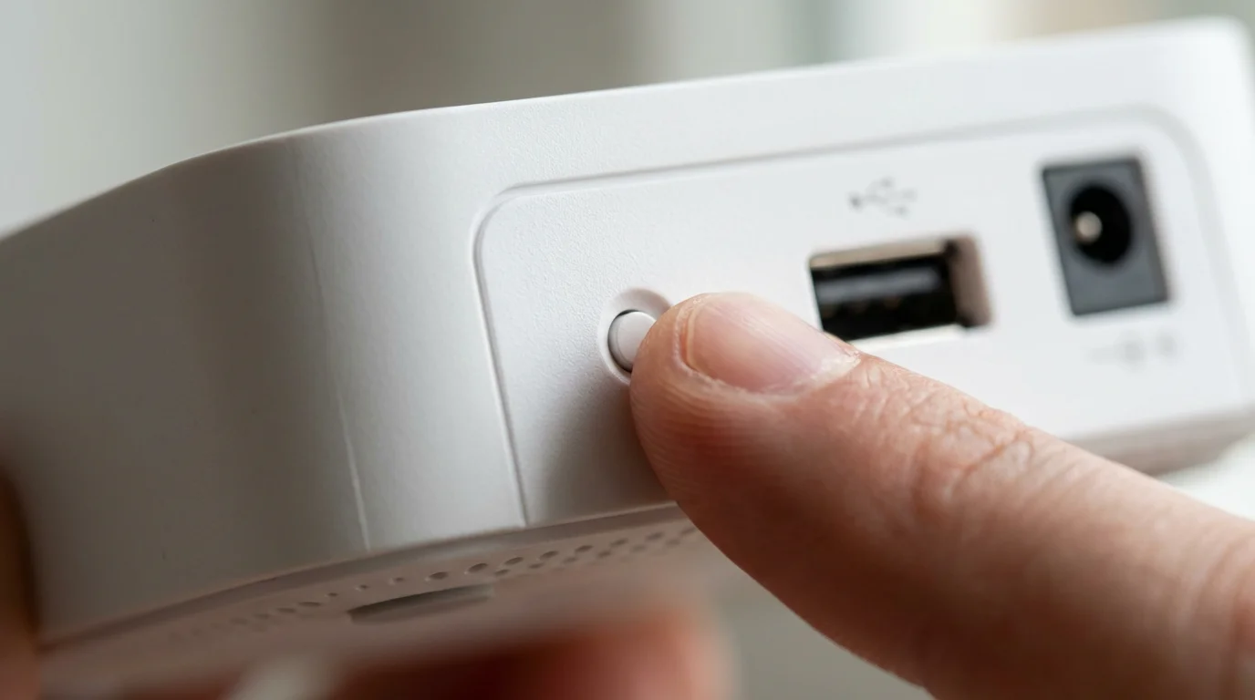 Macro photograph of a finger pressing the reset button on a white smart home device.