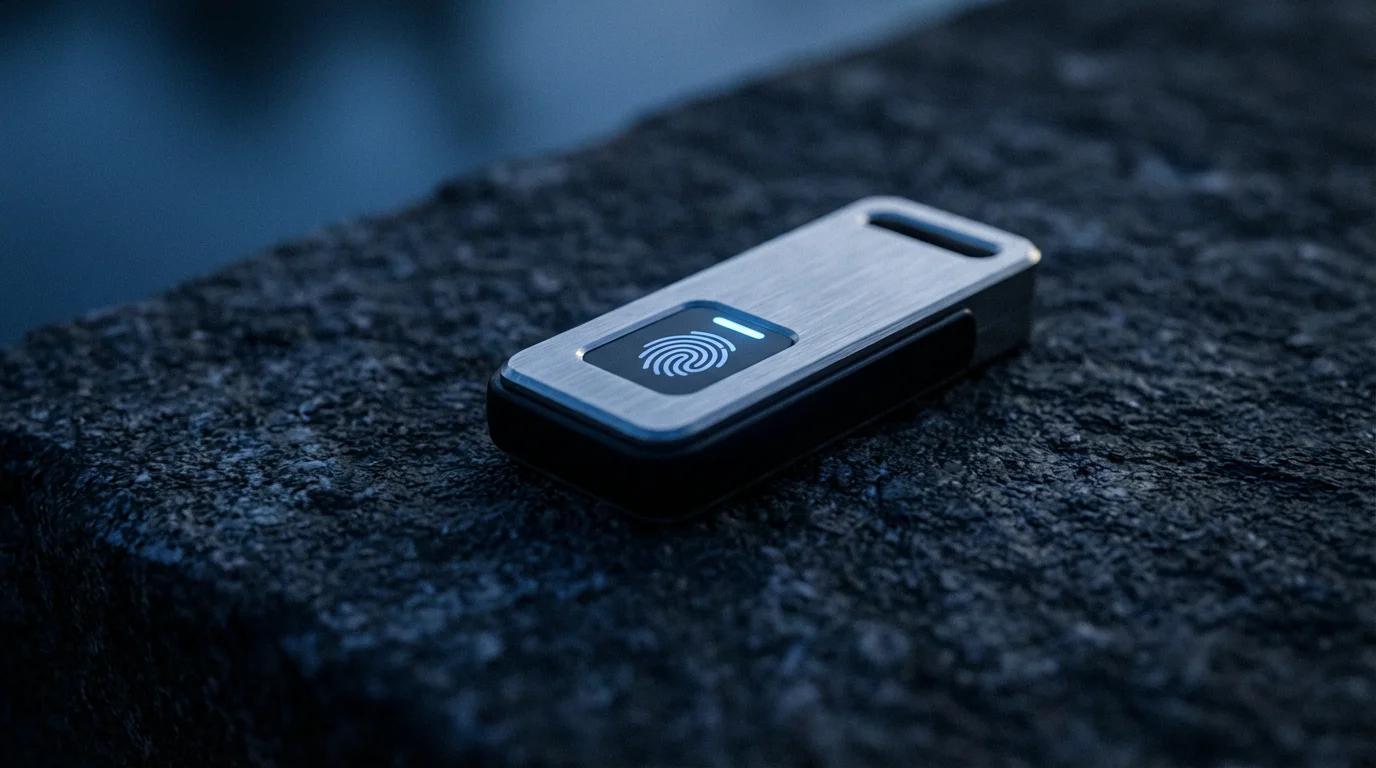 Macro photograph of a hardware security token with a glowing blue fingerprint symbol.