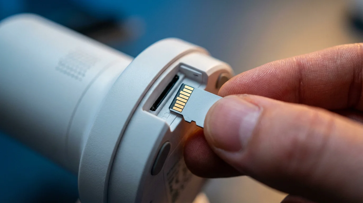 Macro photograph of a person inserting a micro SD card into a security camera.