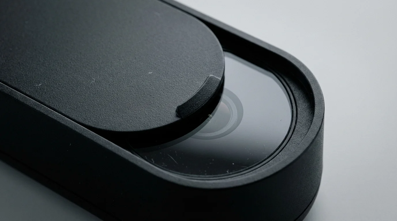 Macro photograph of a physical privacy shutter partially covering a smart security camera lens.