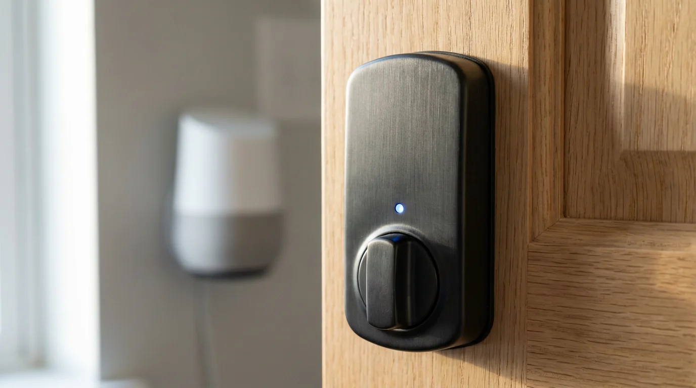 Macro photograph of a smart lock with a glowing blue LED, indicating smart home integration.