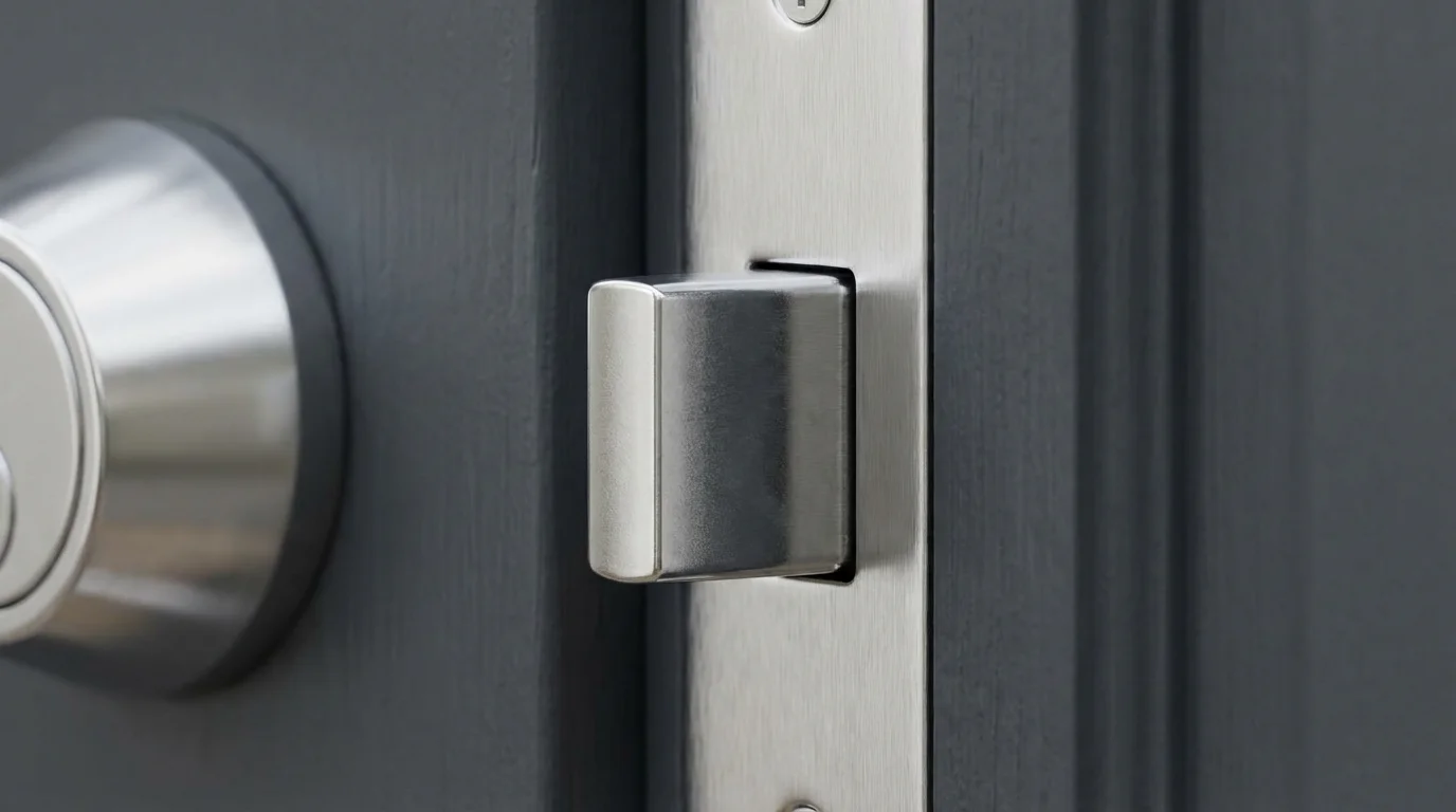 Macro photograph of a smart lock's chrome deadbolt extending from a modern dark door.