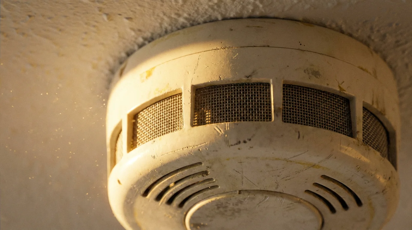 Macro photograph of a traditional smoke detector's speaker grill lit by warm golden hour light.