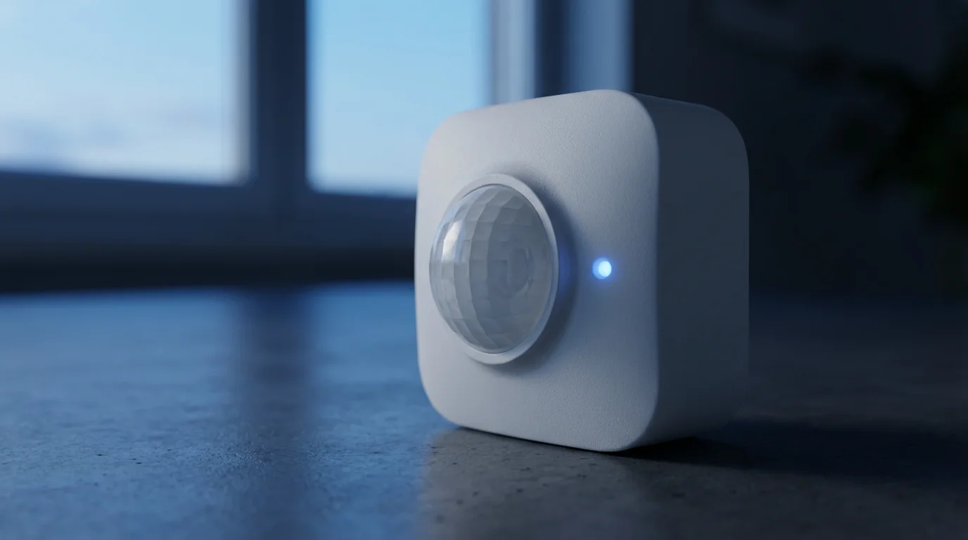 Macro photograph of a white smart motion sensor with a glowing blue LED light.
