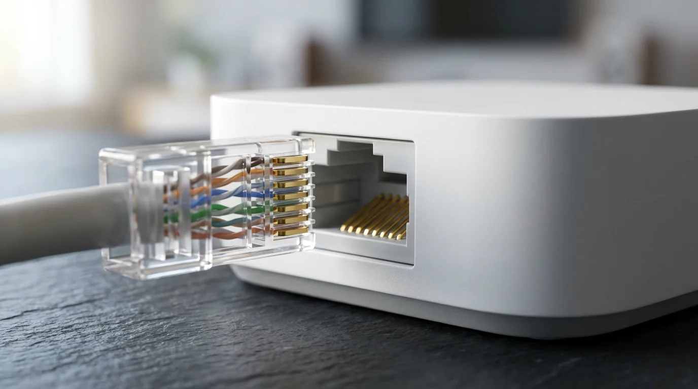 Macro photograph of an ethernet cable plugging into a white smart home hub.