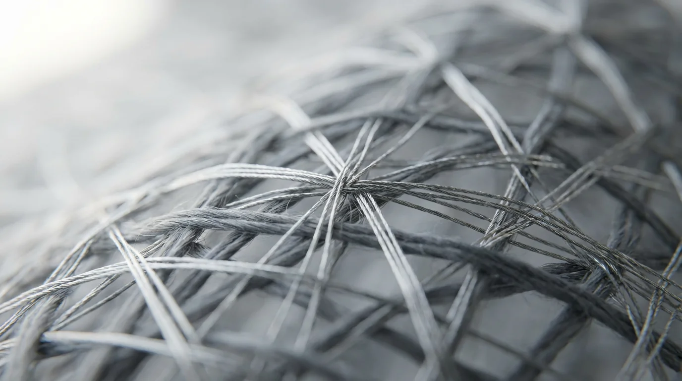 Macro photograph of interwoven silver and charcoal threads forming a complex mesh network.