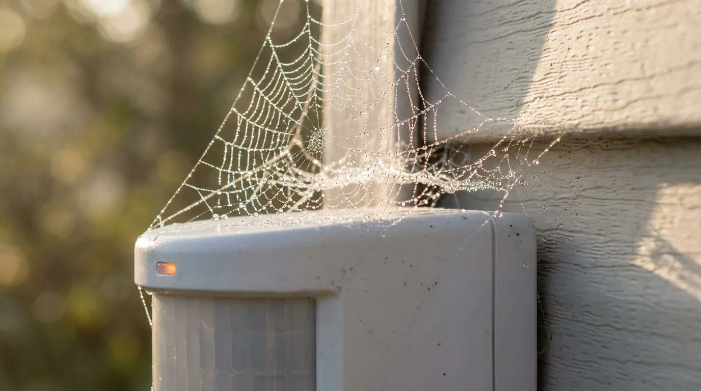 Macro shot of a dewy spider web on a white outdoor motion sensor.
