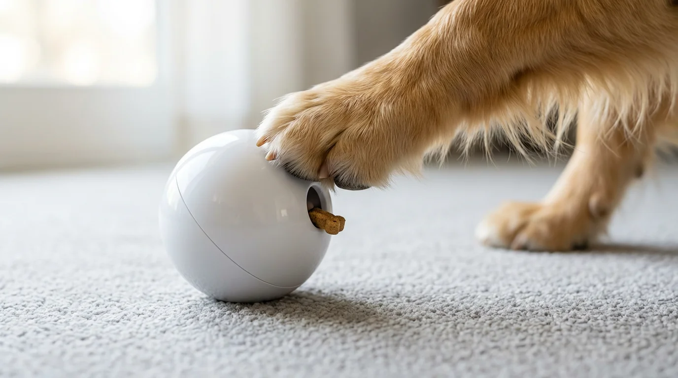 Macro shot of a dog's paw pressing a smart interactive treat dispensing toy.